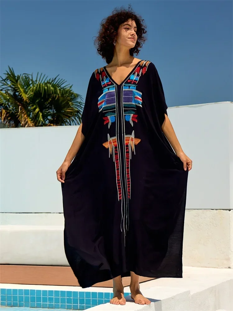 

2024 свободный черный кафтан с вышивкой в стиле бохо, Уютный домашний халат, женское летнее пляжное длинное платье, накидка, наряды Q1680