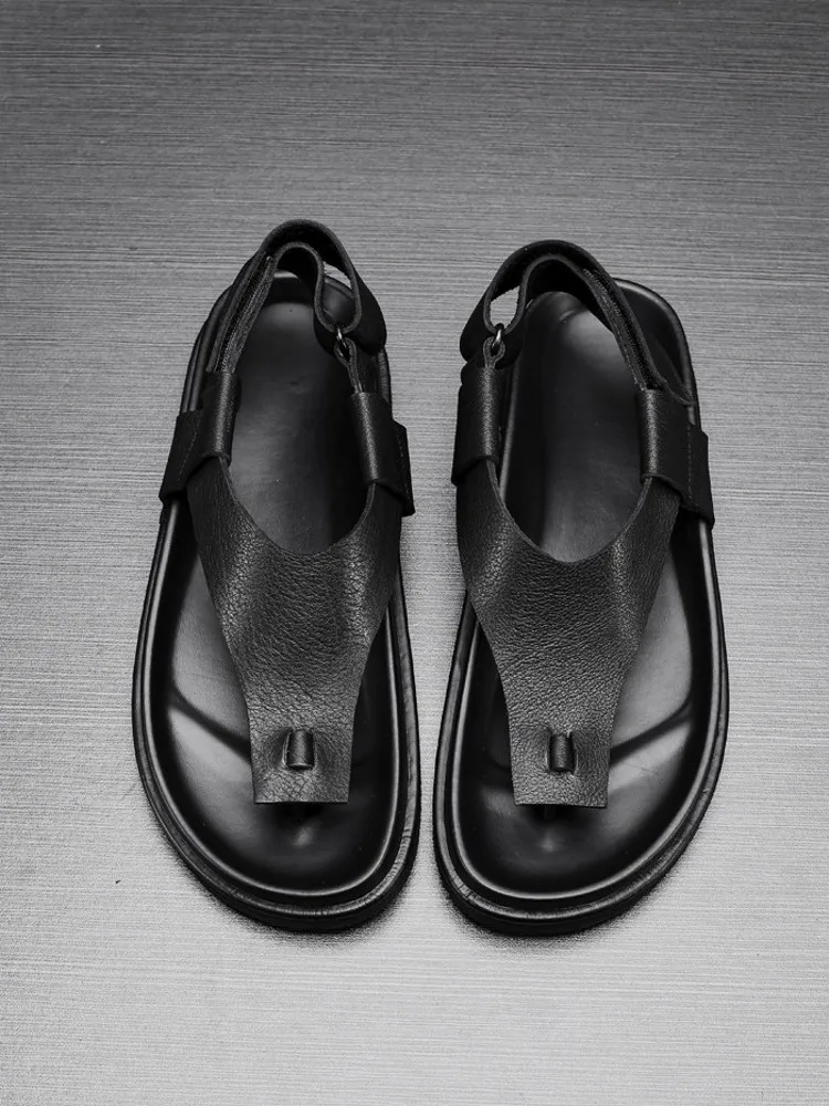 Summer Mens Thick Platform Flip Flop Sandals Vintage Gladiator Shoes Fashion Hook Loop Cowhide Genuine Leather Sandals Footwear