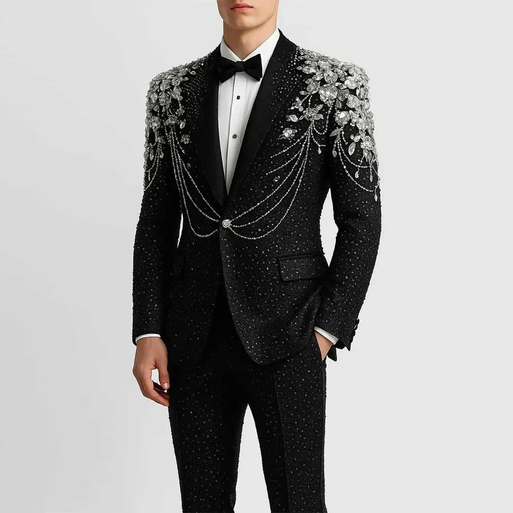 Elegante Men's Slim Fit Tuxedo 2-Piece Set High-Quality Black Beaded One-Button Suit for Wedding Groom Business Prom Fashionable