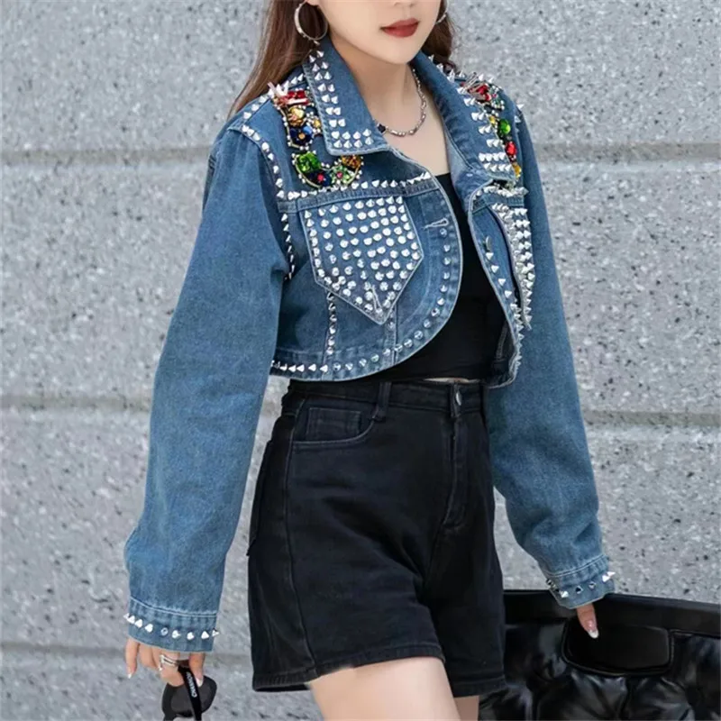 Blue Irregular Short Denim Jacket Heavy Work Rivet Diamond Women Spring Autumn Fashion Lapel Long Sleeve Jeans Jacket Streetwear