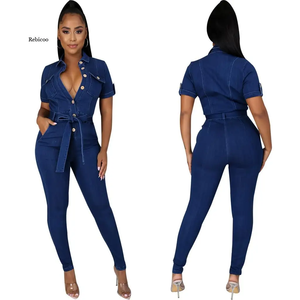 

Fashion Women Streetwear Slim Jumpsuit Denim Rompers Female Bodycon Overalls Women Single Breasted Bandage Jean Jumpsuits