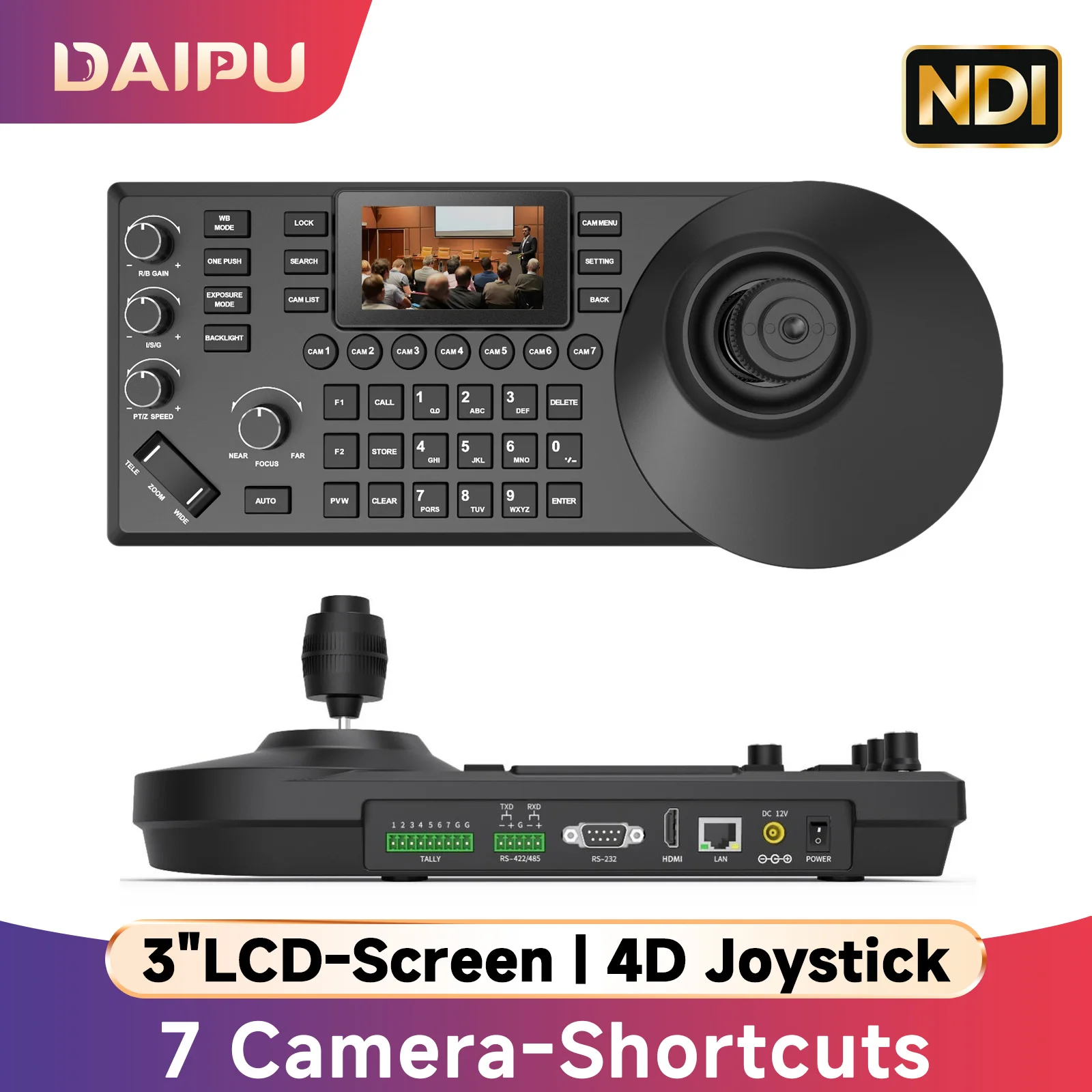

DAIPU NDI PTZ Camera Controller with a 3-Inch LCD Display and 4D Joystick Keyboard for Live Streaming in Churches