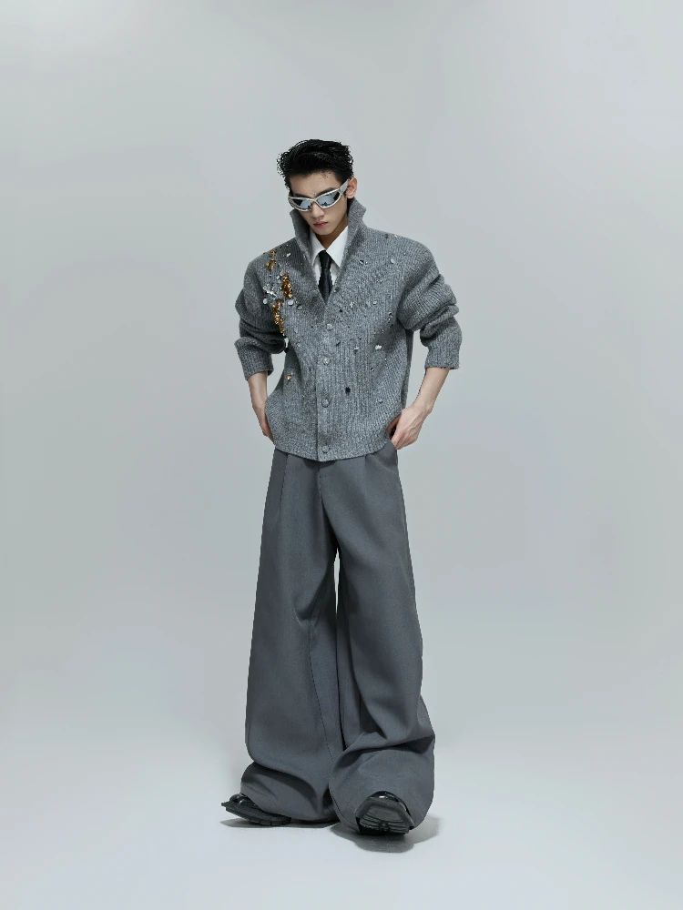 French Fashion Trend Heavy Sequin Cardigan High Neck Sweater Loose Casual Stylish Boy Ins Knitted Sweater