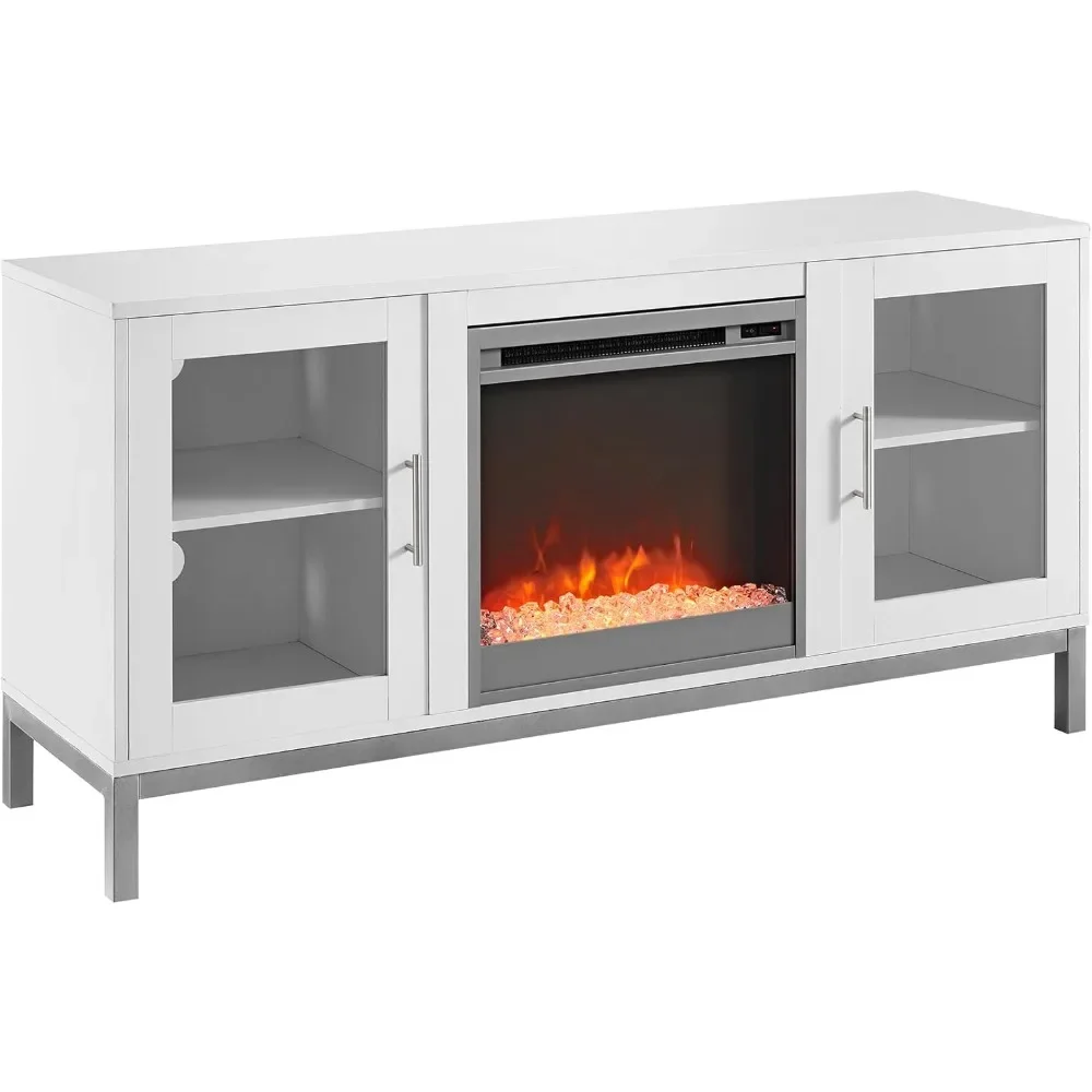 Griffith Contemporary Double Glass Door Fireplace TV Stand, 52 Inch, White mueble para tv  floating tv stand