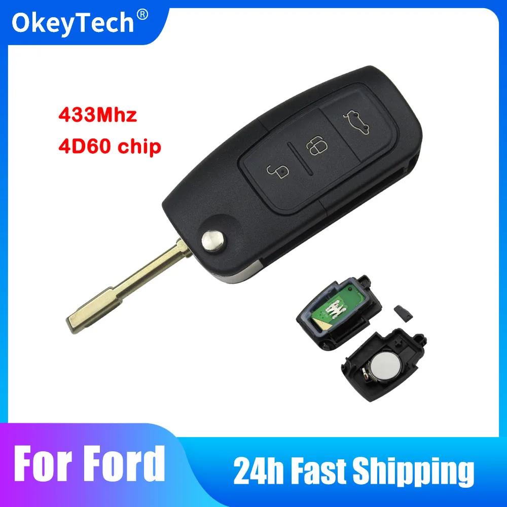 Składany klucz zdalny OkeyTech do Ford Focus Fiesta MK7 Mondeo MK3 MK4 Ranger 3 przyciski 433Mhz 4D60 Chip Uncut FO21 Blade