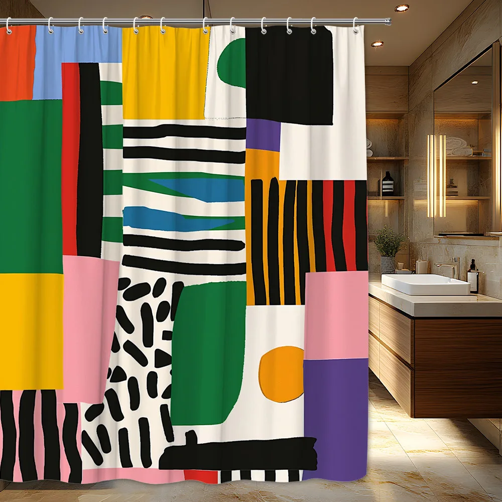 

Shower Curtain 1pc Abstract Geometric Collage Modern Art Style Colorful Rectangles Squares Stripes Polka Dots Zigzags Red Yellow Blue Black Pattern Printed Fabric Waterproof Mildew Resistant Washable Bathroom Hanging Drapery Multi Sizes Home Decor Gift