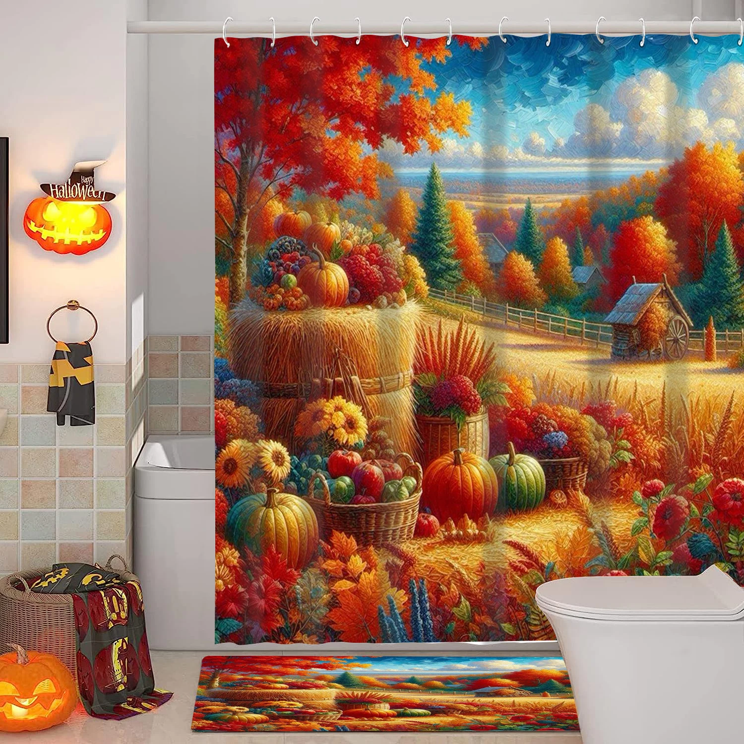 

Harvest Thanksgiving maples pumpkin pattern Bathroom Shower Curtain With 12 Hooks bathroom decor and accessories