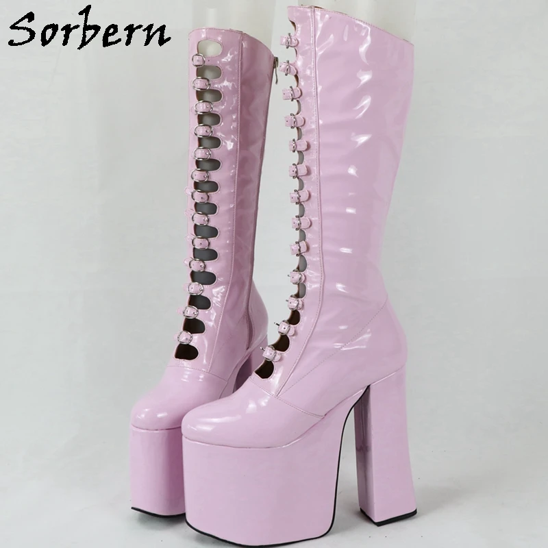 Sorbern Light Pink Knee High Boots Block Heels Gladiator Style Shoes Custom Wide Drag Queen Shoes Made-To-Orders