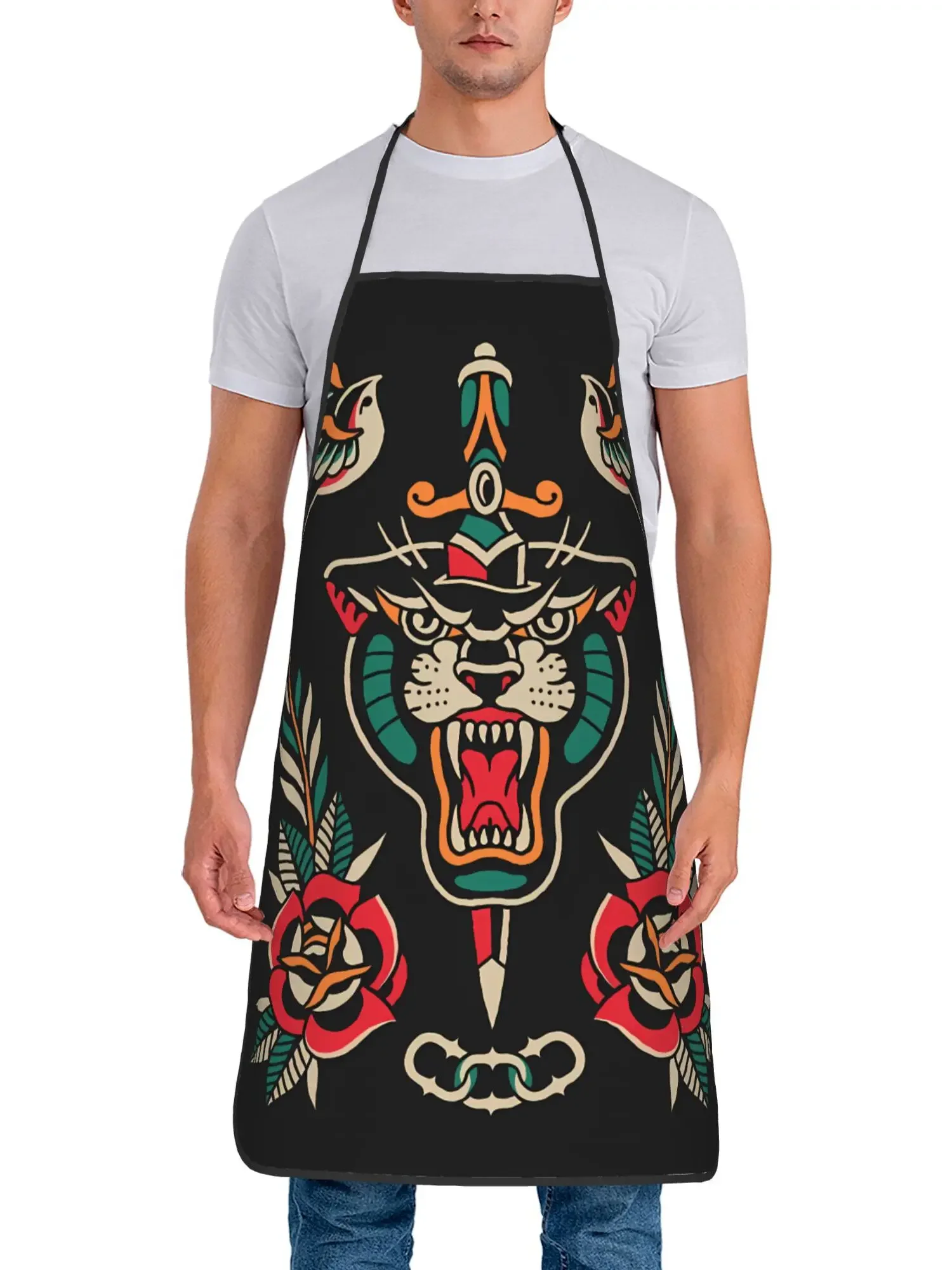 Traditional Tiger Rose Tattoo Apron Old School Style Kitchen Cooking Baking Gift For Men Ink Lover Chef Wear Bold Design
