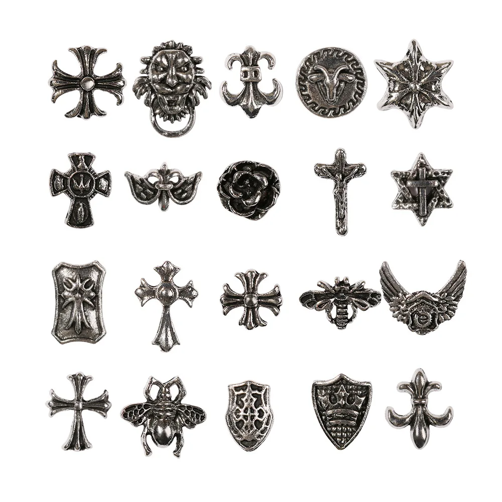 Vintage Croft Heart Nail Art Jewelry Punk Cross Scout Flower Dark Silver Metal Nail Jewelry