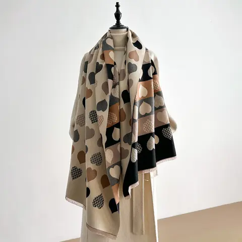 Women's Warm Winter Cashmere-Like Scarf - Thick Colorful Heart Printed Pashmina Shawl, Blanket Wrap, Bufanda, Poncho & Echarpe
