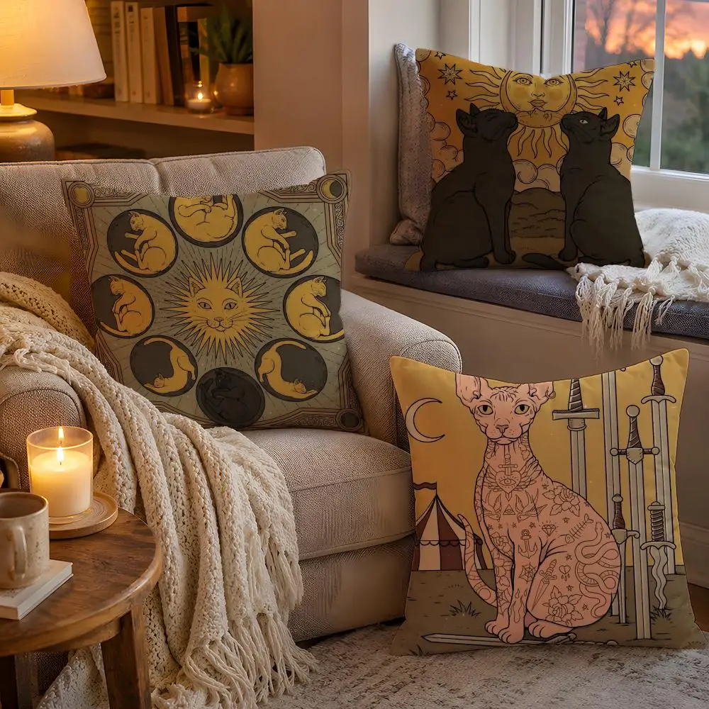 Mucha-style Cat Tarot Cushion Cover Soft Plush Cushion Cover Double Print And Invisible Zipper For Sofa Home Car Use