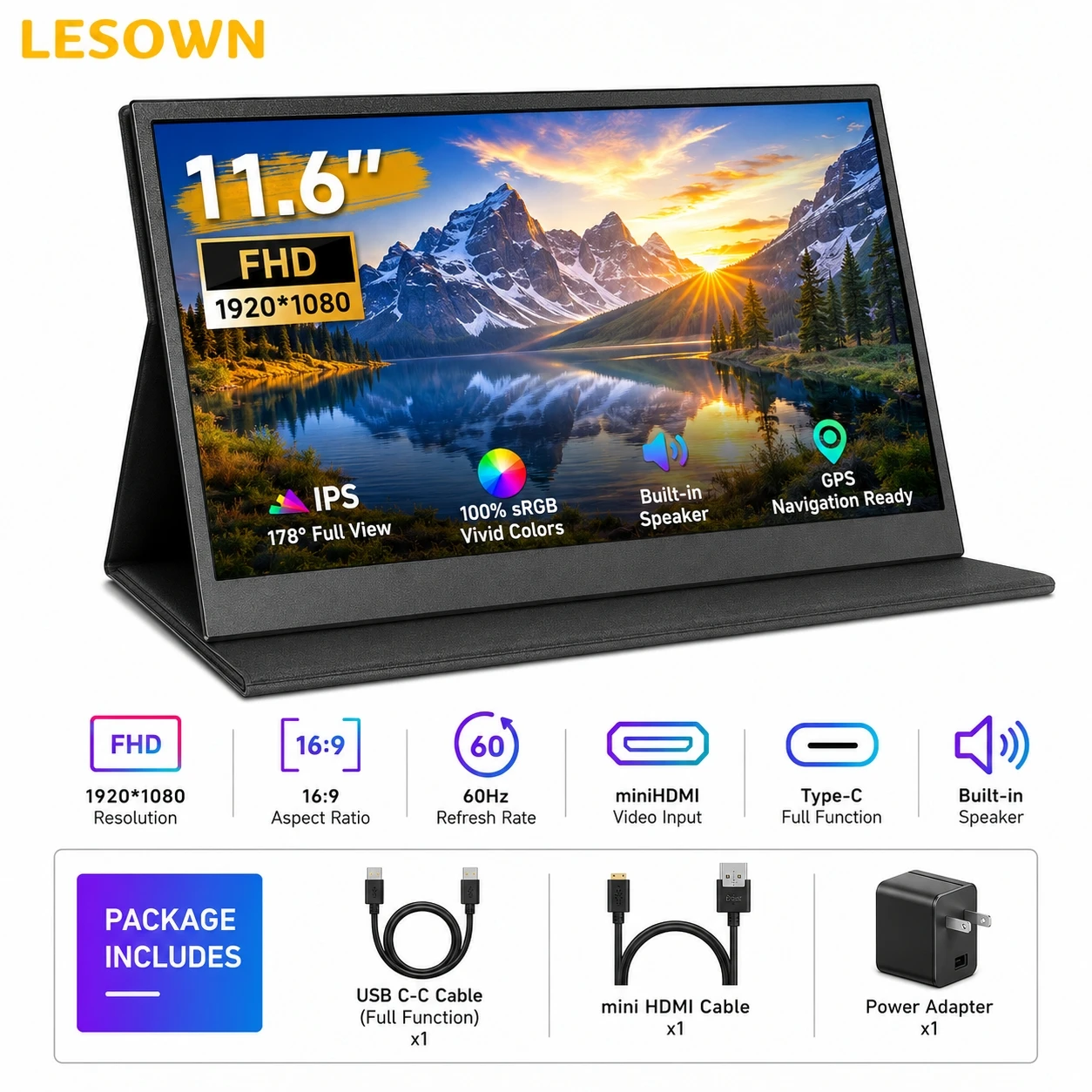 LESOWN 11.6 Inch Portable Monitor 1080P FHD IPS External Gaming Display Driverless VESA Mount Monitor for Xbox
