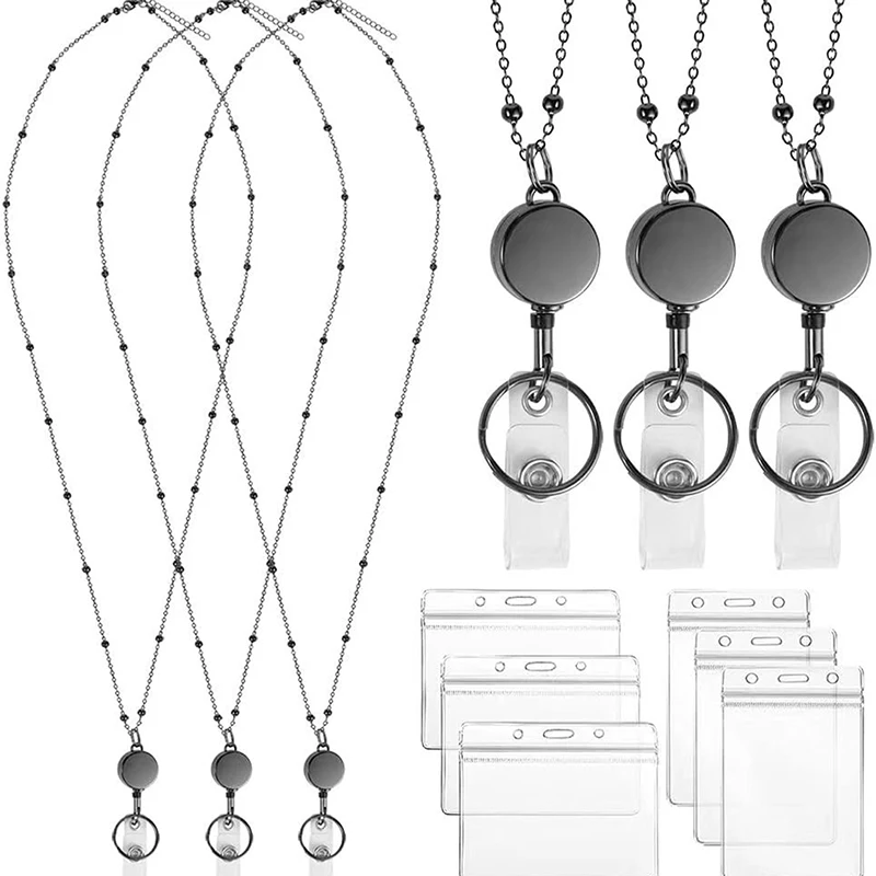 Retractable Badge Reel Lanyard ID Card Holders Stainless Steel Chain Necklaces Keychain Clip for Women Men Employee Wholesale