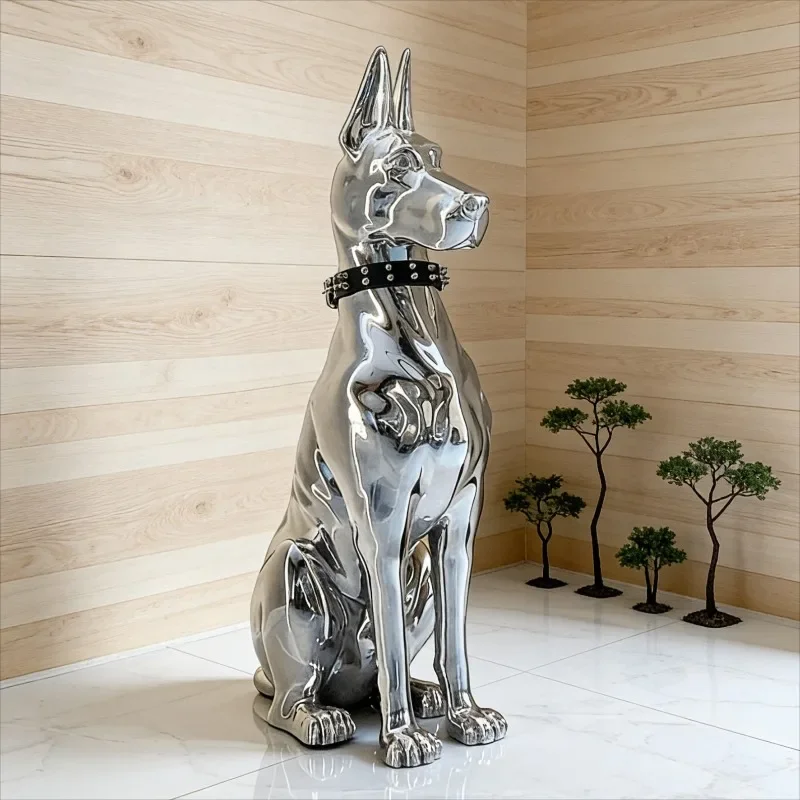 Luxury Chrome Doberman Floor Sculpture， Large Electroplated Dog Statue, Modern Art Decor for Home Entryway