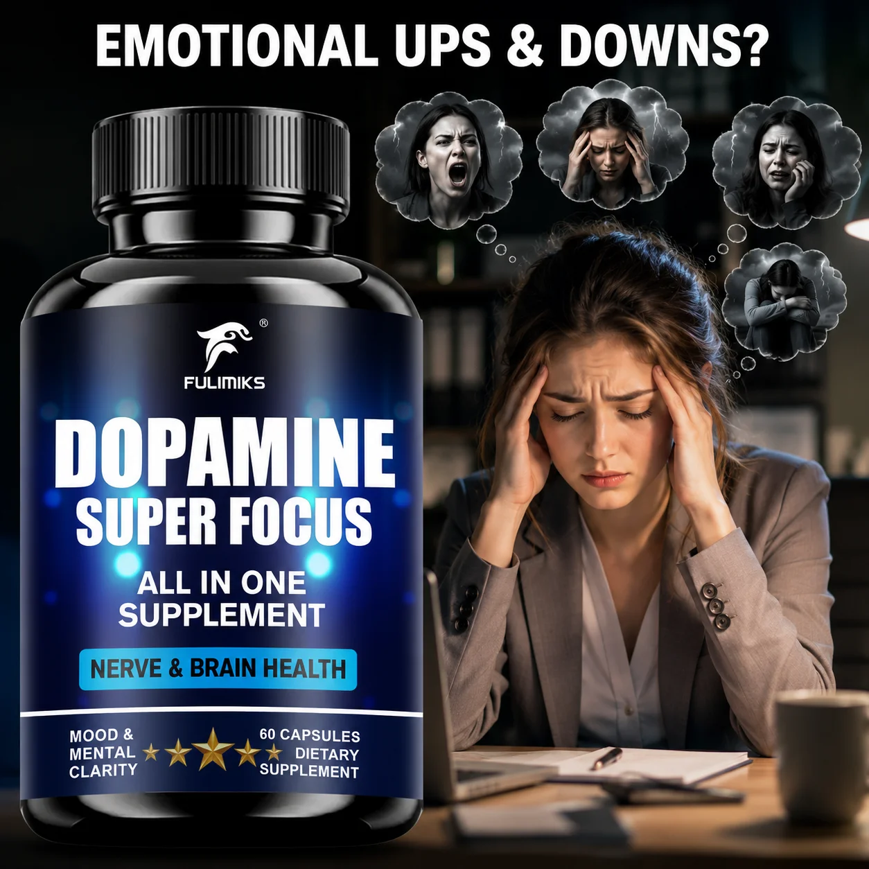Dopamine Super Focus Supplement, All-in-1, Support Brain & Nerve Health, Maintain Mood Balance & Mental Clarity, Boost Focus