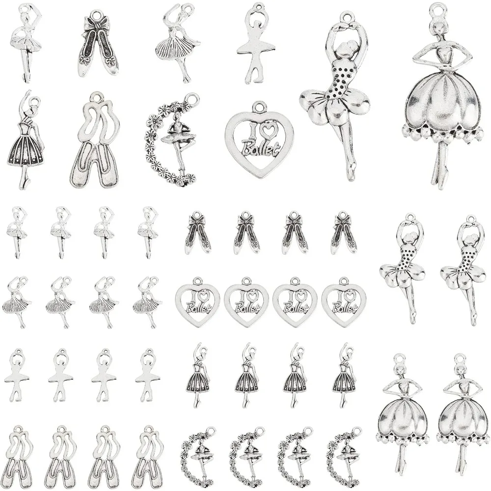 60 Pieces 10 Style Antique Silver Tibetan Alloy Ballerina Ballet Dancer Charms Pendants Beads Charms for DIY