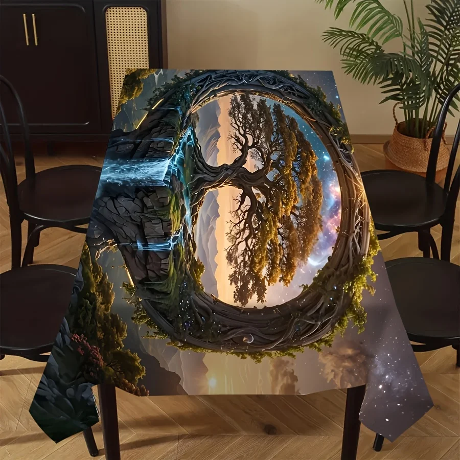 1pc Life Tree Tablecloth - Abstract branches and circular design, rectangular and square machine-washable placemats