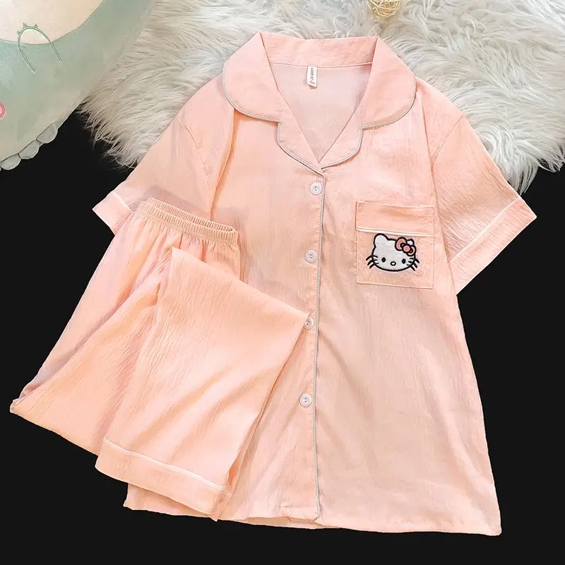 

Summer sweet ins style Hello Kitty cartoon cardigan short-sleeved trousers two-piece loungewear can be worn outside