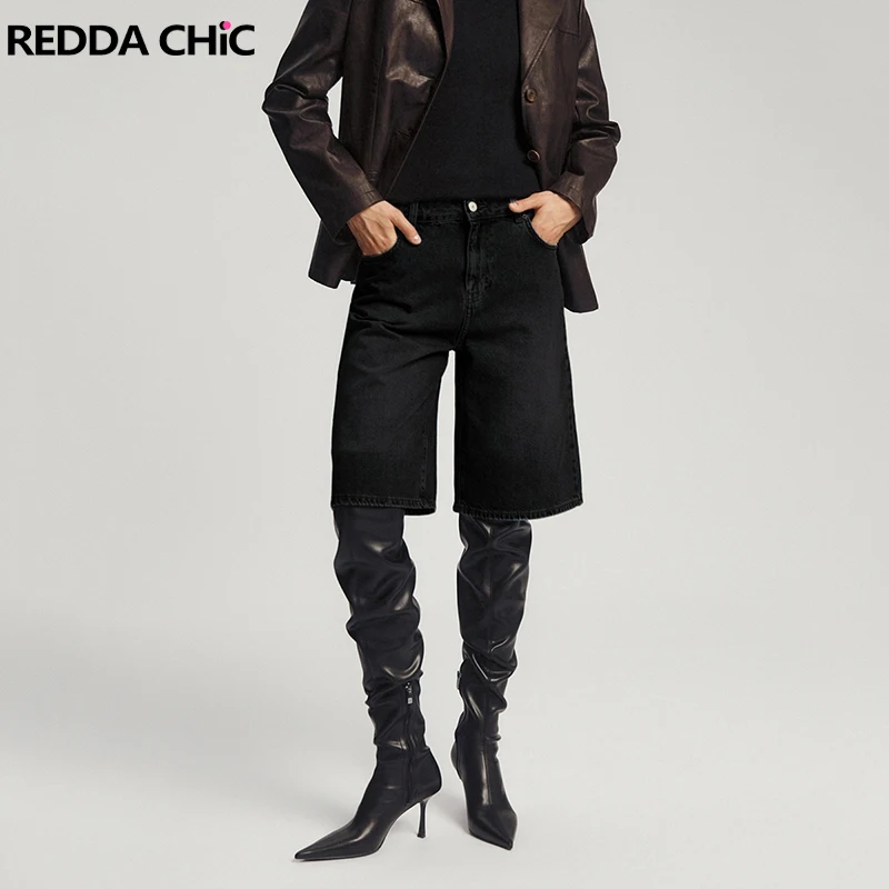 

REDDACHiC однотонные черные женские джинсовые шорты с высокой талией, прямые широкие брюки, свободные брюки до колена, летняя повседневная уличная одежда
