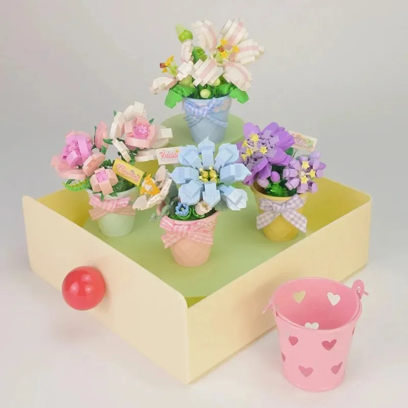 Flower Succulents Building Blocks Bonsai Flower Gardens Romantic DIY Potted Plants Bouquet Model Bricks Toys Gifts