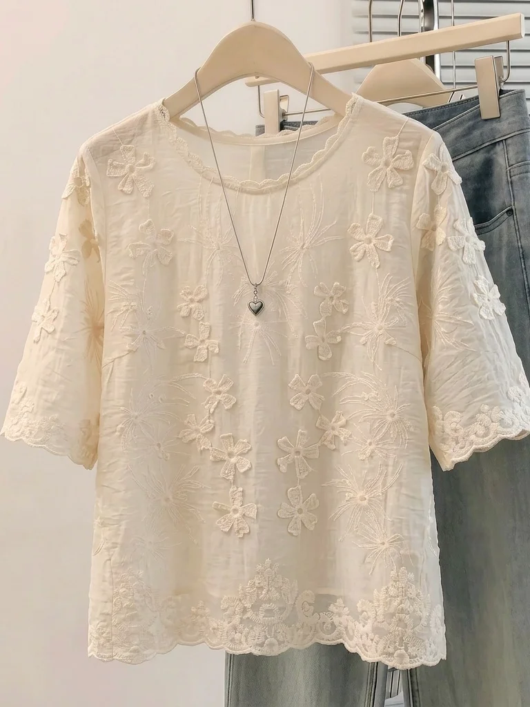 

Slim Fit Floral Print 3D Shoulder Short Sleeve Women's Shirt Bohemian Style Summer New Arrival plus Size Korean Version Top
