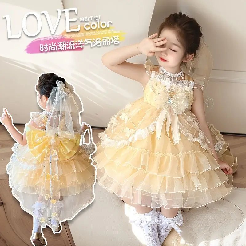 Baby Girls Summer Sweet Lolita Lace Yelow Bow Shiny Princess Ball Gown Cake Layed Backless Sundress Birthday Party Clothes