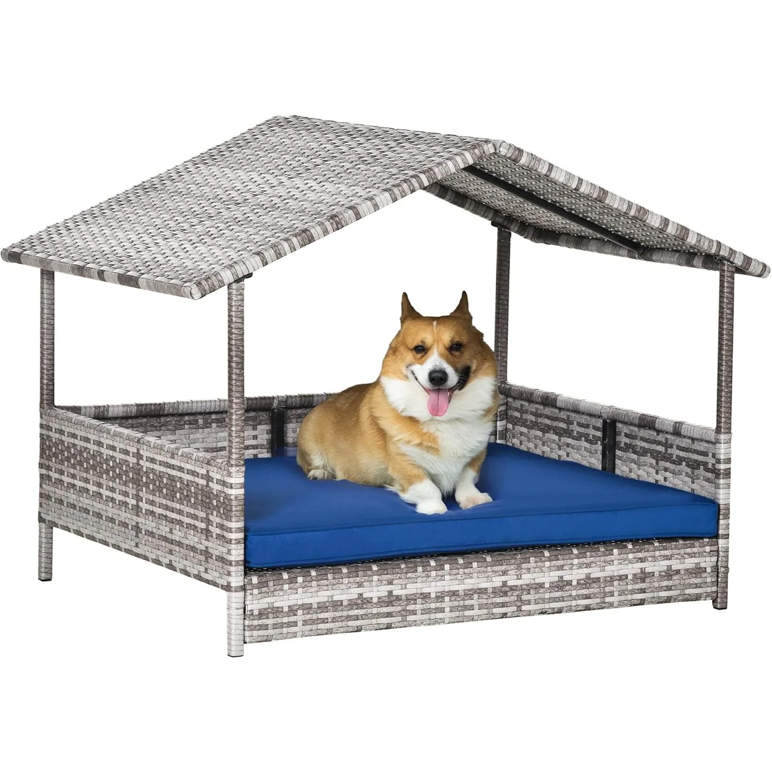 

Wicker Dog House Outdoor with Canopy, Rattan Dog Bed with Water-Resistant Cushion, Raised Dog Bed for Small, Medium Dogs