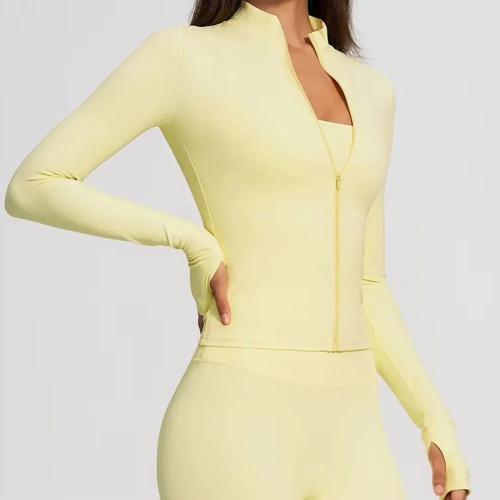 Women Zip Fitness Yoga Shirt Long Sleeve Sports Jacket Thumb Holes Gym Top Push Up Running Coats Workout Clothes Single Top Only