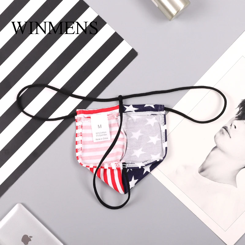 Men\'s Elastic Cotton Penis Pouch Gay American Flag Backless Mini Thongs Panties Stars and Stripes Sissy Erotic Cock Bag Strings