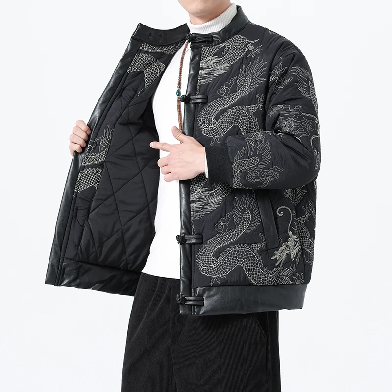 2026 Chinese Style Men Cotton Padded Jacket Men Dragon Embroidery Parkas Male Retro Winter Outerwear Casual Men Parka Coat