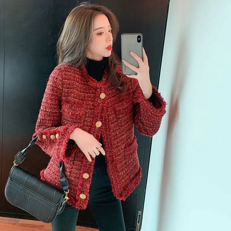 Fashionable Coarse Woolen Red Small Fragrant French Style New Short Loose Temperament Jacket for Women Clothes 2015