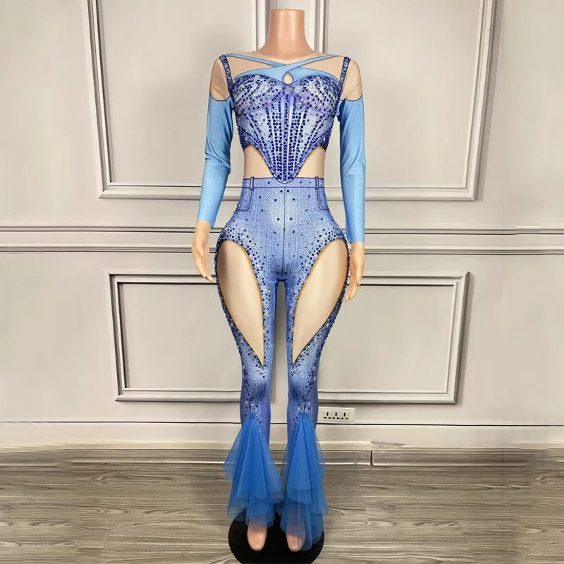 Pink Blue Rhinestones Fake Leaky Denim Printed Jumpsuit Women Gogo Dance Outfit Bar Nightclub Dj Ds Drag Queen Costumes XS8096