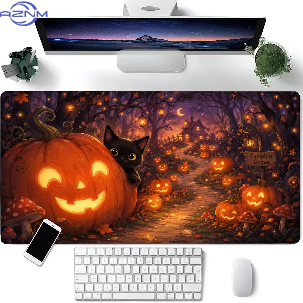 XXL Gaming Desk Mat, Halloween Night Cabin Path Scene Mouse Pad with Black Cat & Glowing Pumpkin Lantern