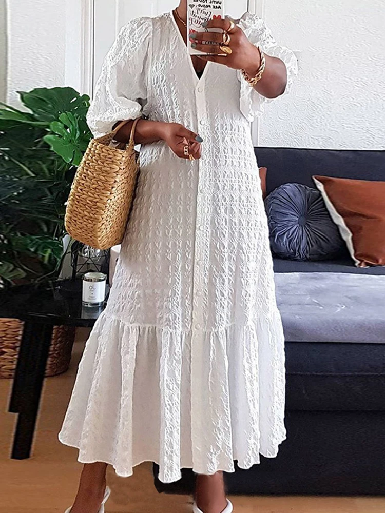 

VONDA Bohemian Maxi Dress Women Elegant Party Sundress 2024 Casual Loose Solid Color Sexy V Neck Summer Puff Sleeve Robe Femme