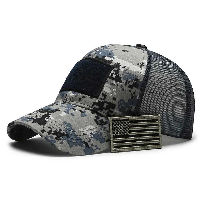 Men Baseball Cap American Flag Camouflage Sticker Patchwork Embroidered Baseball Cap Net Hat Breathable Outdoor Sun Hat Gorras