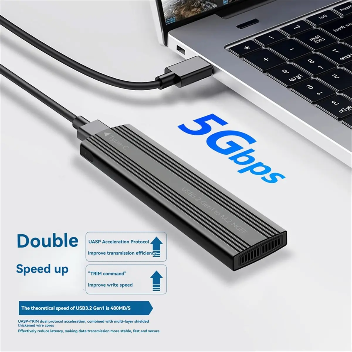 HOUSEHOLD*GOOD M.2 SATA SSD Enclosure Case USB3.2 Gen1 5Gbps Type-C External Hard Drive Box M.2 NGFF B+M Key M.2 SSD Case Black