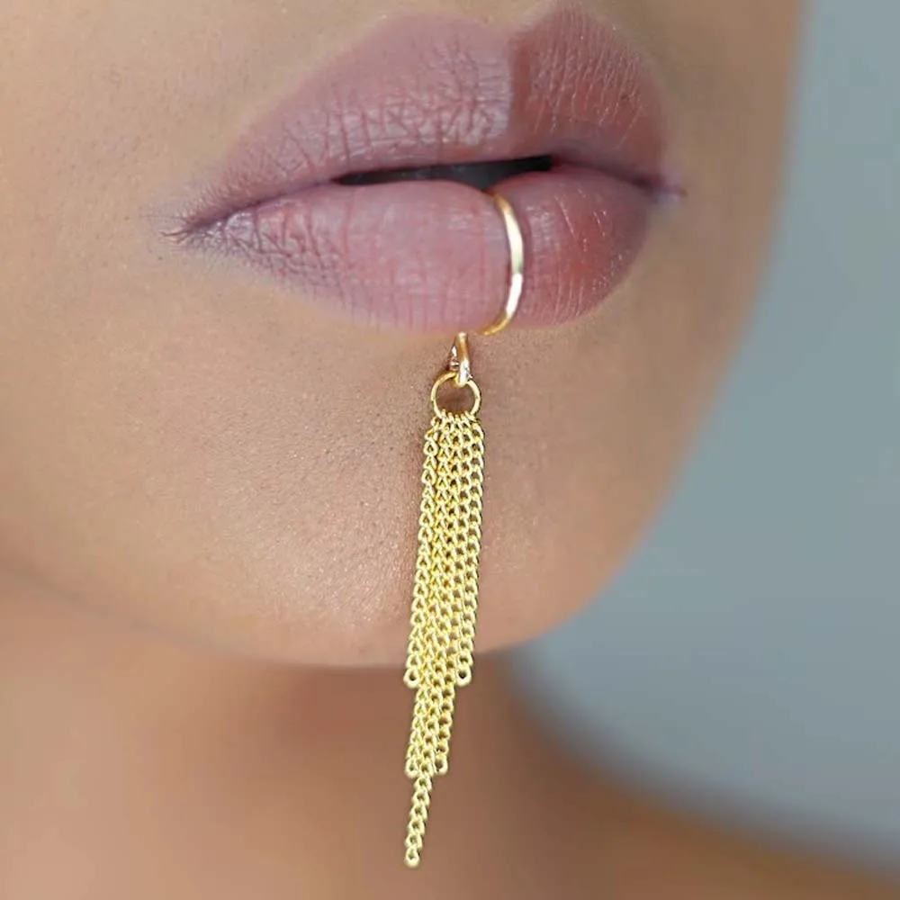 Stonefans Tassel Lip Cuff for Women Faux Piercing Chain Metal Festival Outfit Fashion 2024 Club Party Body Jewelry Dress Sexy