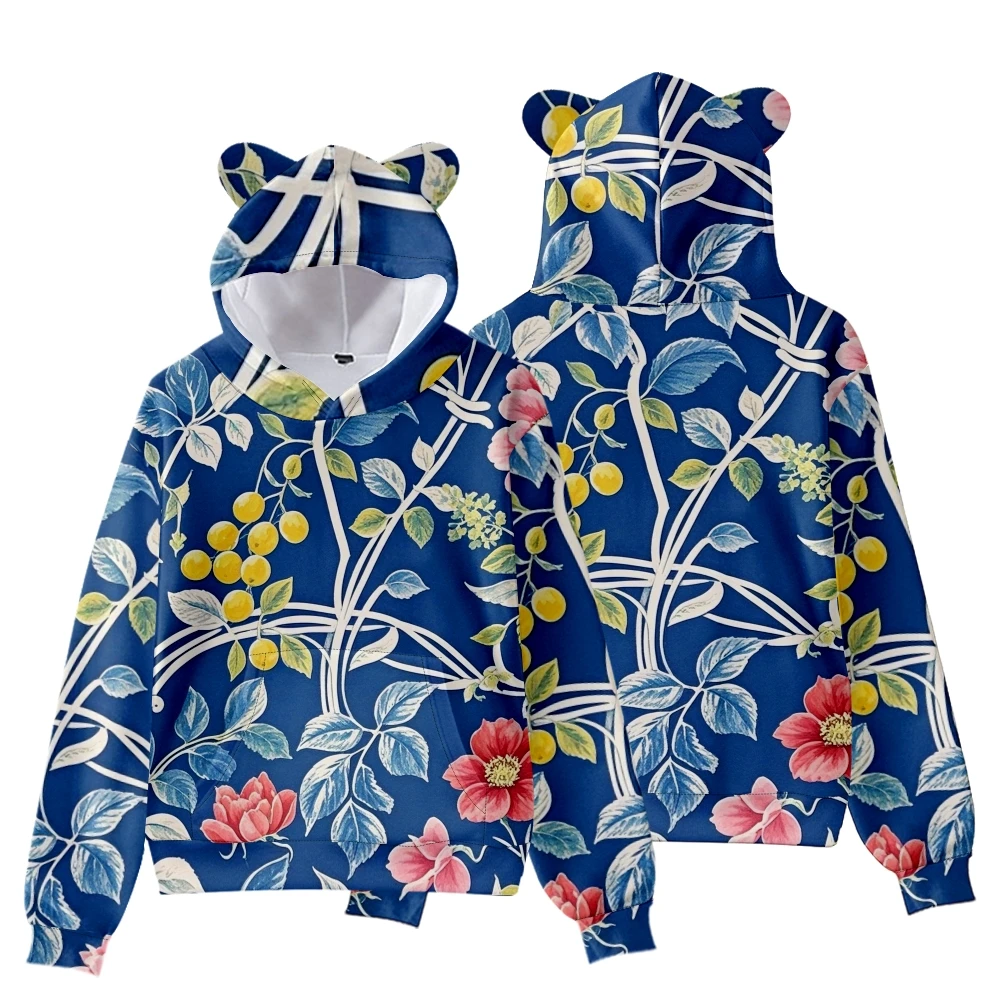 Women's Cute Bear-Ear Hoodie Floral Print Soft Casual Loose-Fit Sweatshirt Cozy Botanical Pattern Pullover for Daily Loungewear