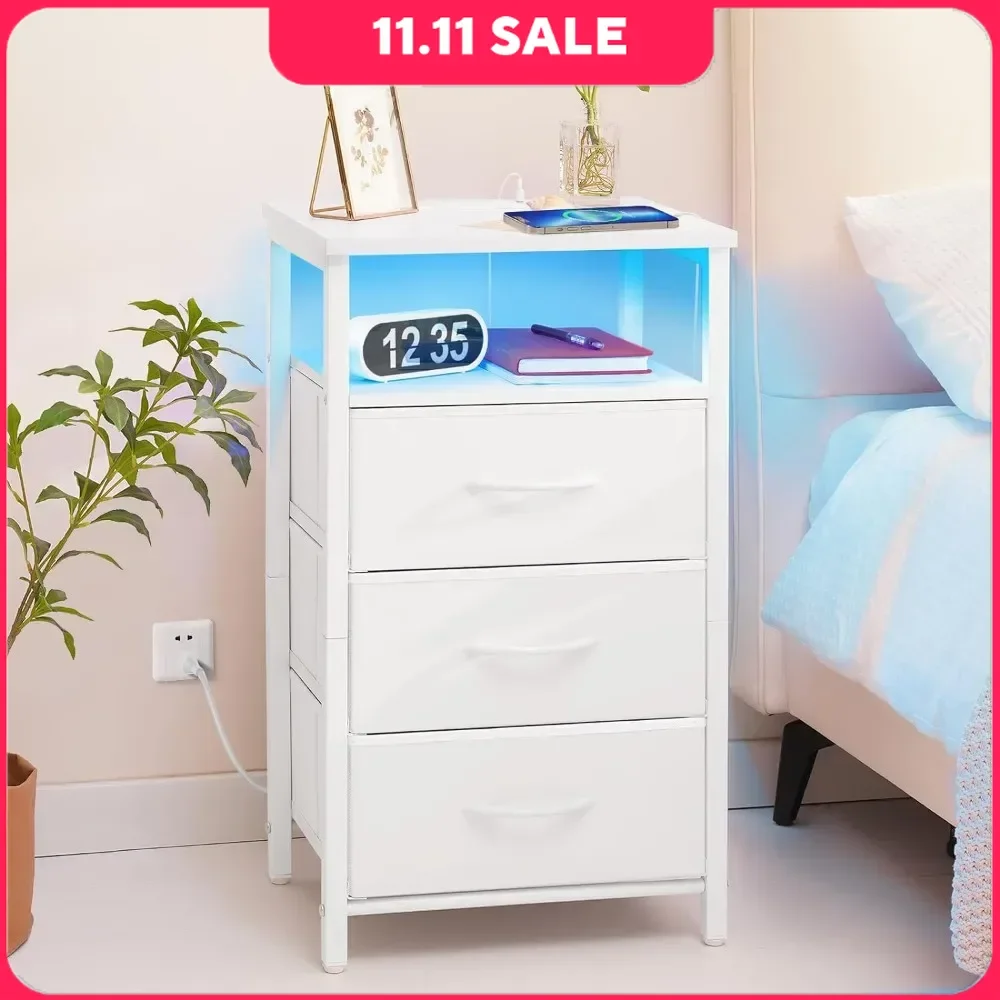 

16-color LED Nightstand with USB Port and Socket, Bedside Table Dresser with 3 Fabric Drawers and Storage Shelves White