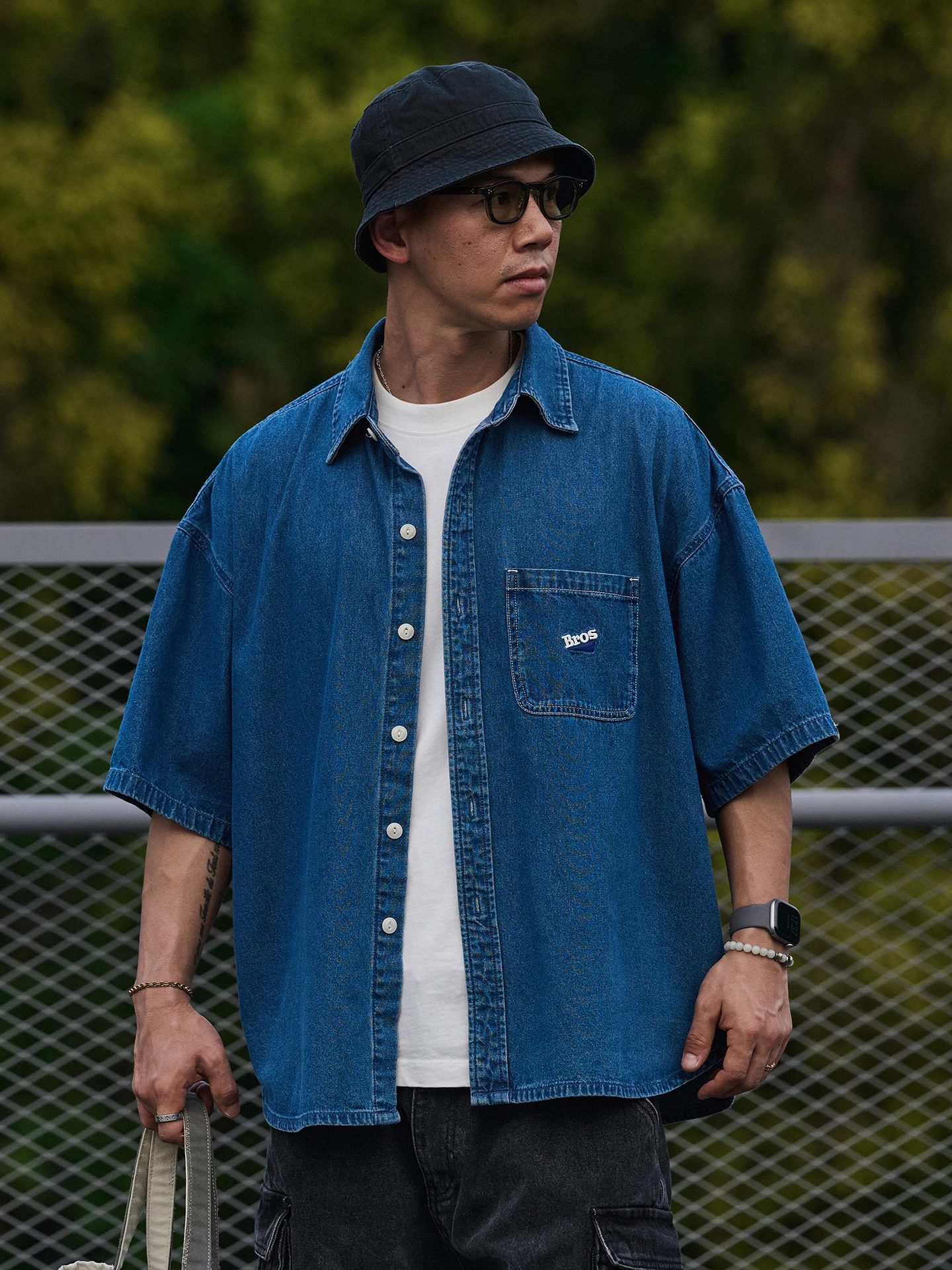 Broshood 26SS Japanese Style Loose Versatile Workwear Denim Short Sleeve Shirt Washed Embroidery Vintage Cotton Shirt for Youth
