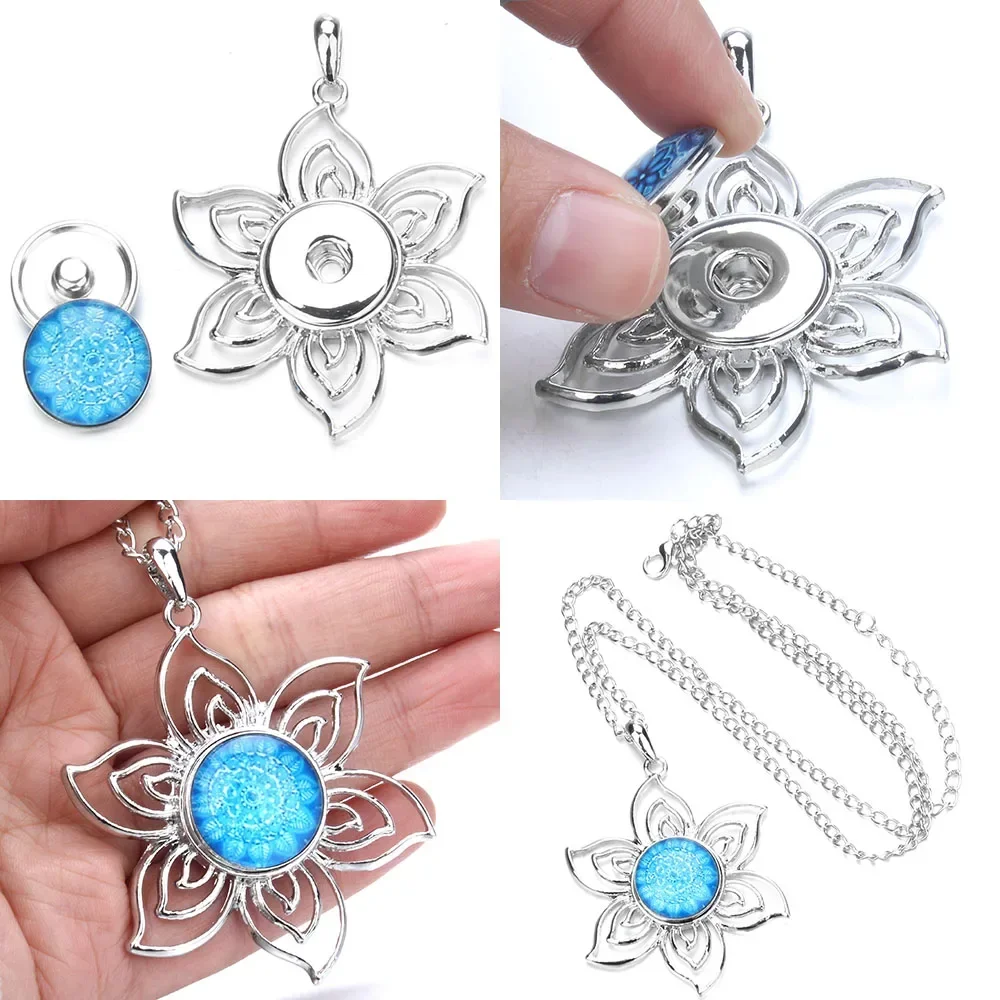 10pcs/lot Wholesale 18mm Metal Flower Snap Button Pendant For Necklace Jewelry Women Fashion Pendants Men\'s Vintage Accessories