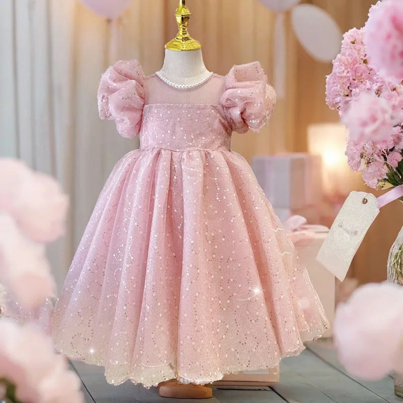 

Girls Dress Sequins Puffy Sleeves Princess Dress Tulle Formal Evening Birthday Party Gown Performance Prom Children Clothes
