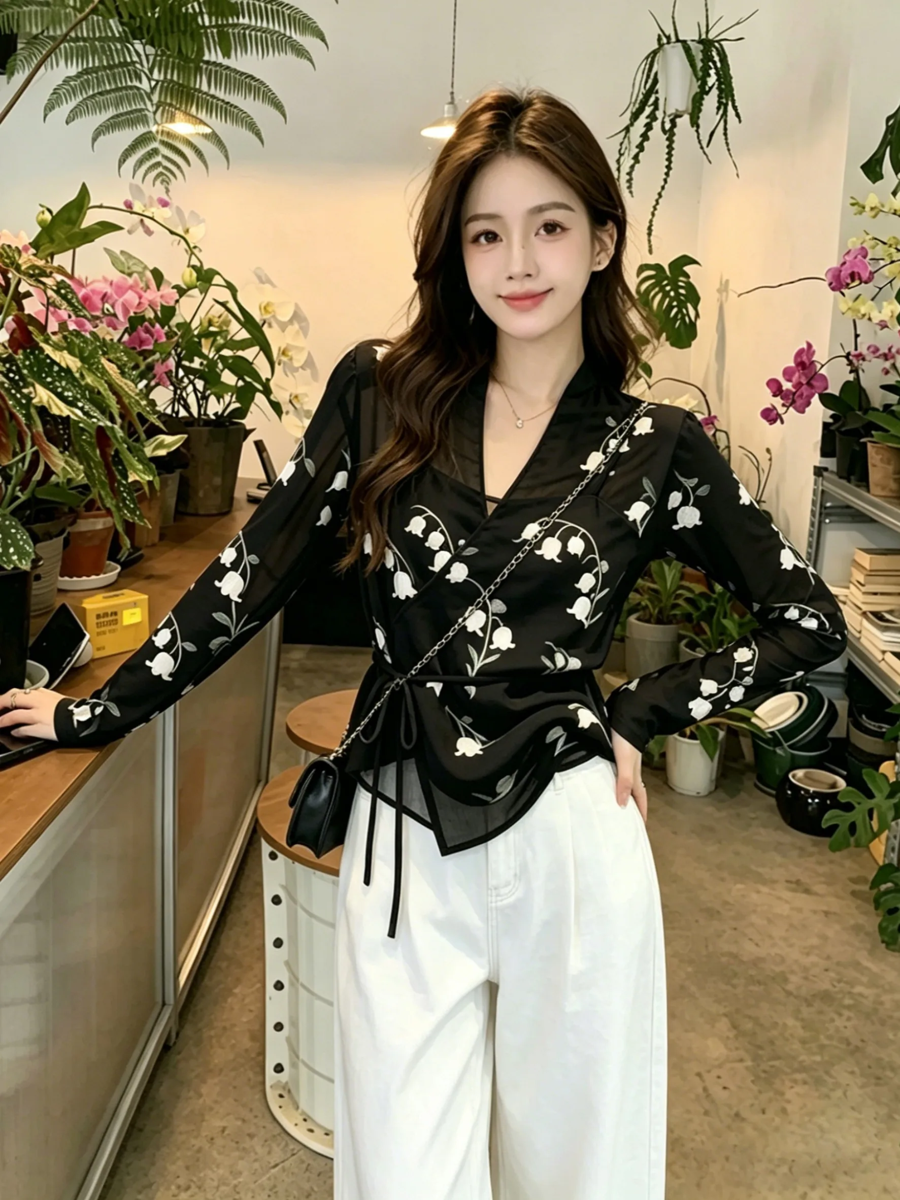 

plus Size Women's Shirt Summer New Style Long Sleeve Waist Cinched Slimming Cross Neck Tie Atmosphere Sensation Top