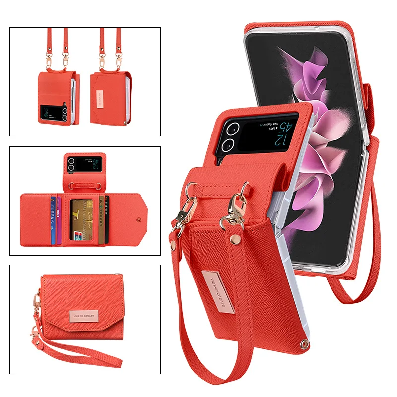 Vietao-Orange Lanyard Wallet Purse, Leather Phone Case for Samsung Galaxy Z Flip 4 3, 5G Cover