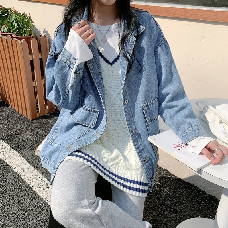 

Loose Fit Long Sve Denim Jaet Women's Korean Sle Autumn New Arrival Casual Versatile Workwear Jaet Cotton Blend