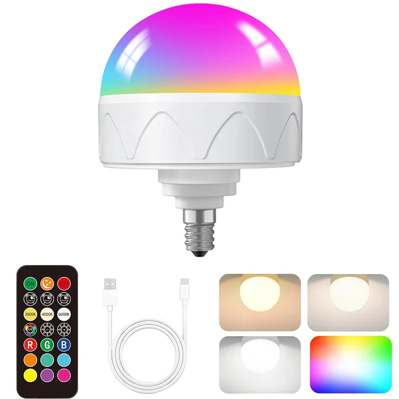 Rechargeable LED Bulb with Remote & Timer, Dimmable 3 Color Temperatures + 9 RGB Colors, E12 Base, Magnetic Detachable