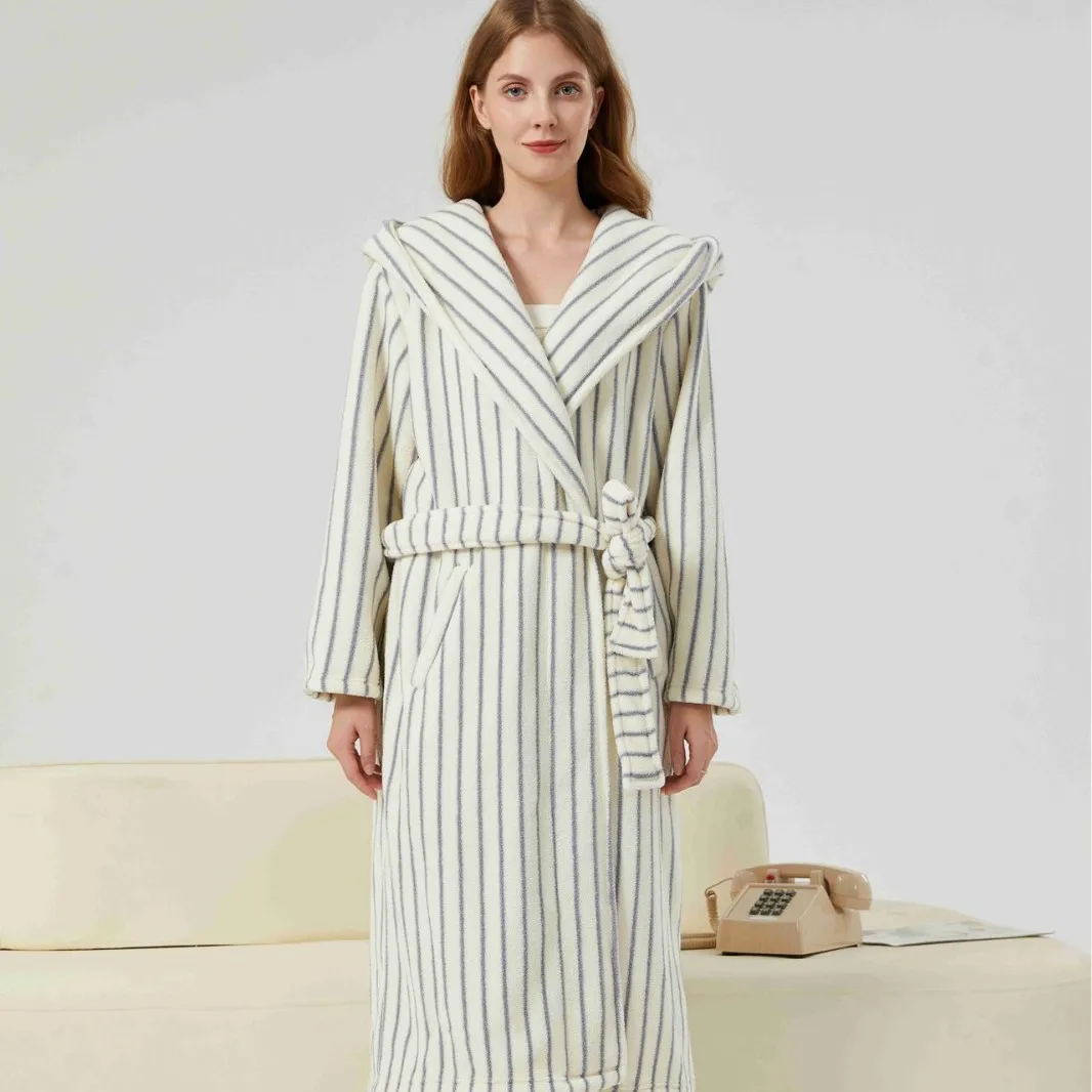 

Женский осенне-зимний новый утолщенный комплект из кораллового флиса в полоску, расширенный халат с капюшоном, халат для сна, одежда для сна