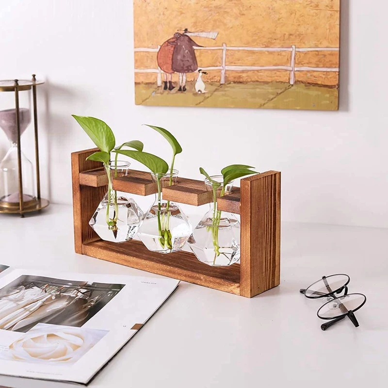 Desktop Plant Propagation Stations,Diamond Glass Planter Flower Vase With Solid Wooden Stand For Hydroponics Air Plants