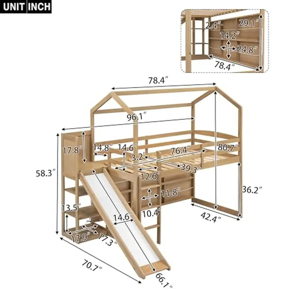 Wood Loft Bed with Slide Storage Shelves and Light Climbing Ramp Multifunctional Playhouse Design Twin Size Sturdy Frame Natural